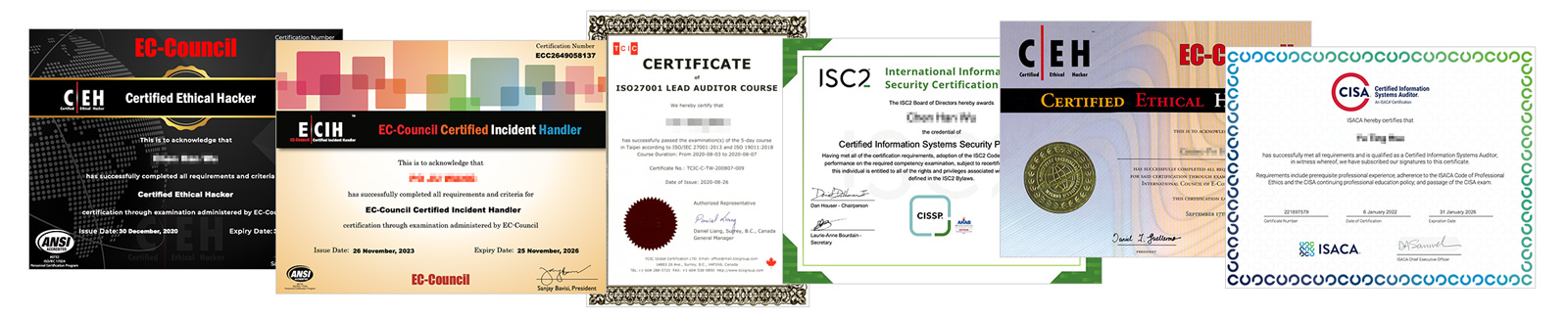 Images of numerous digital forensics certificates